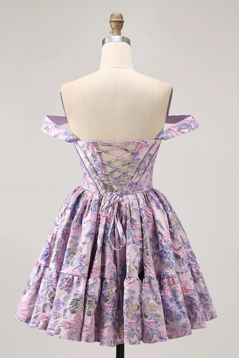 Purple Brocade Floral A Line Printed Corset Lace Up Off The Shoulder Homecoming Dress