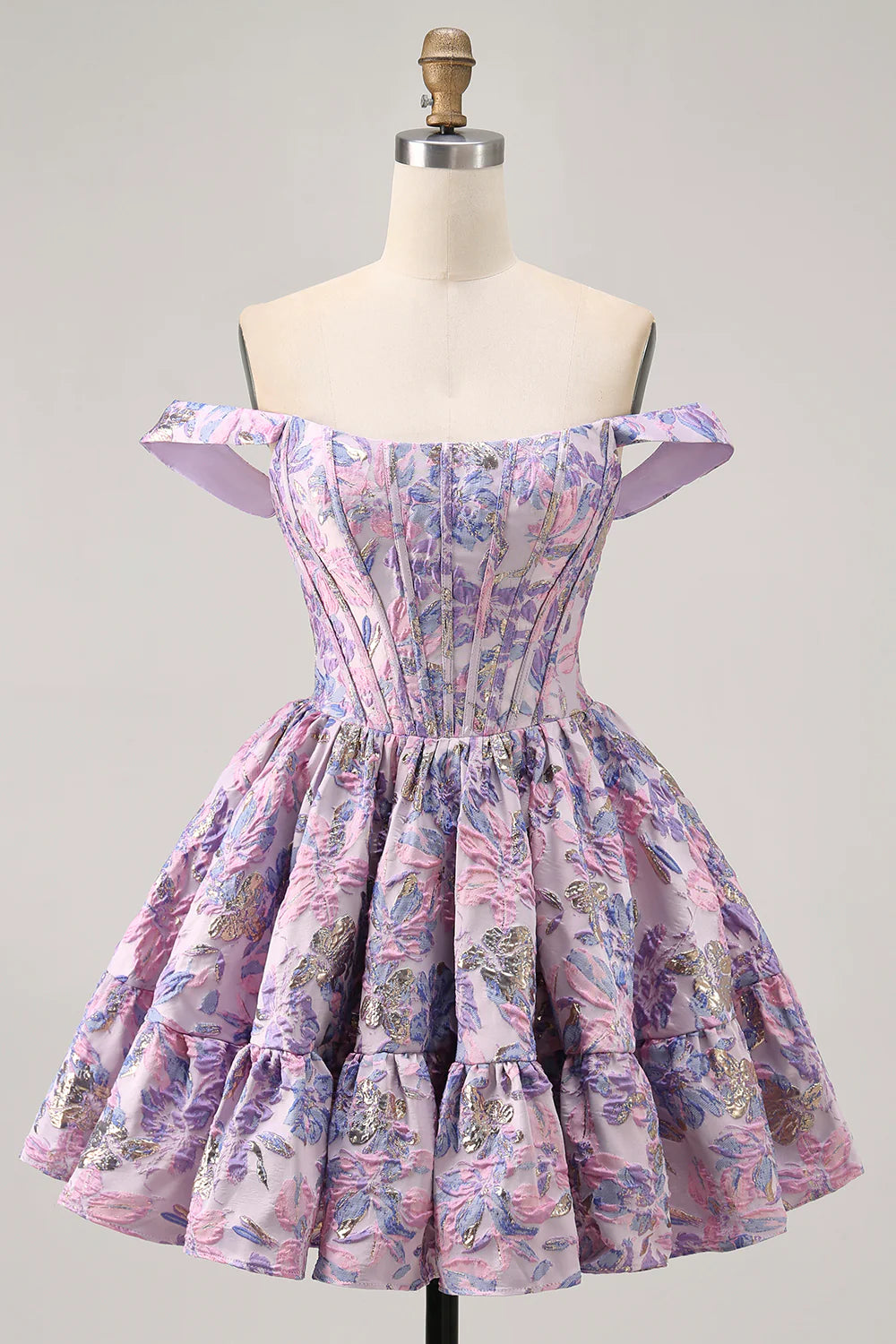 Purple Brocade Floral A Line Printed Corset Lace Up Off The Shoulder Homecoming Dress