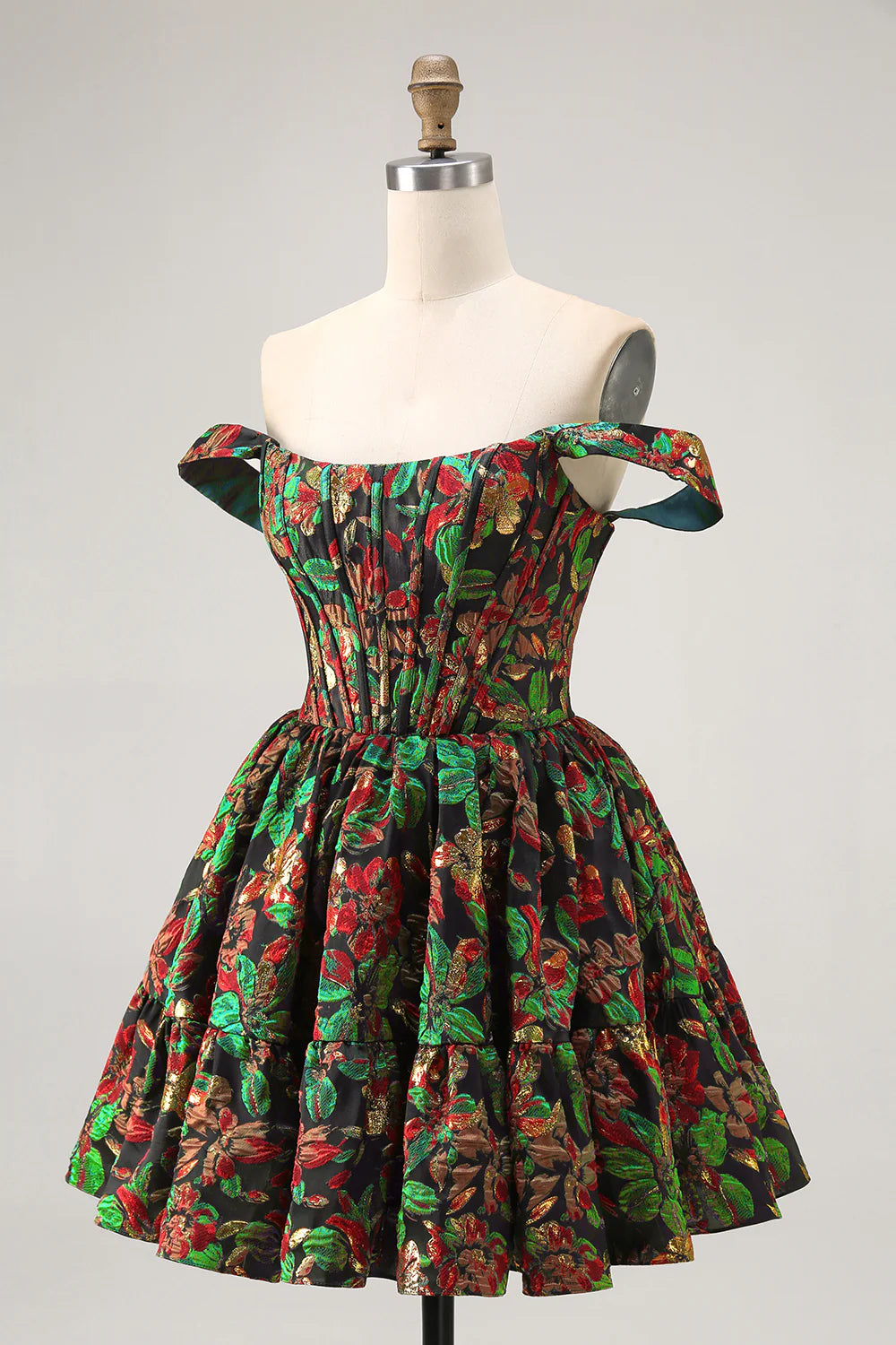 Purple Brocade Floral A Line Printed Corset Lace Up Off The Shoulder Homecoming Dress