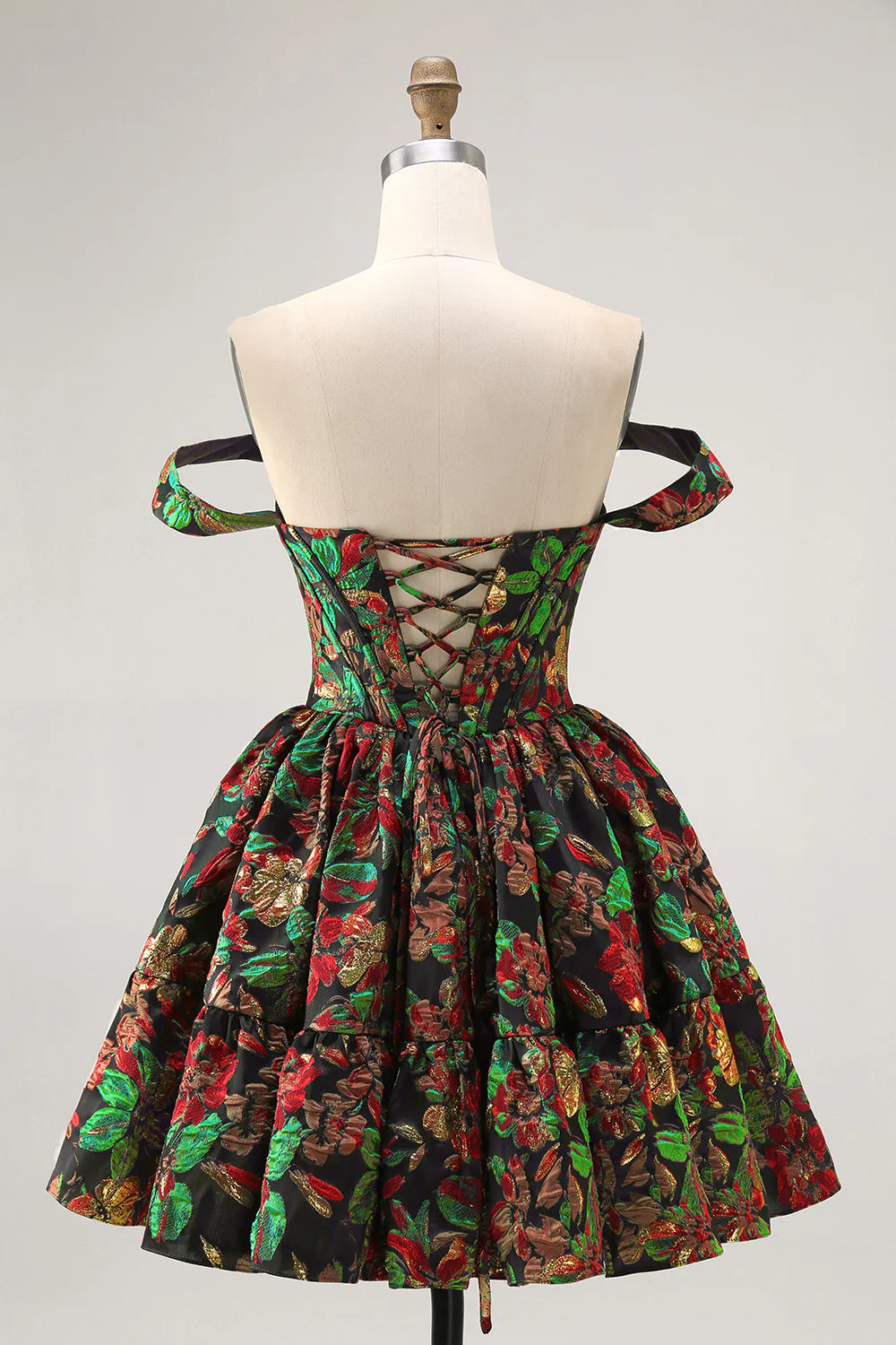 Purple Brocade Floral A Line Printed Corset Lace Up Off The Shoulder Homecoming Dress