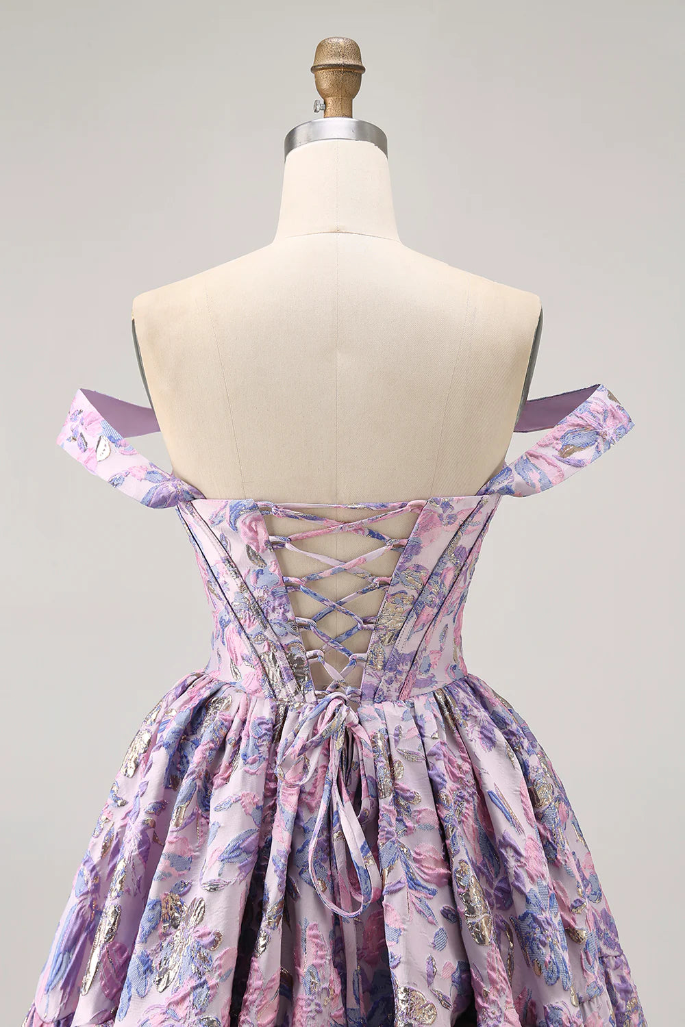 Purple Brocade Floral A Line Printed Corset Lace Up Off The Shoulder Homecoming Dress