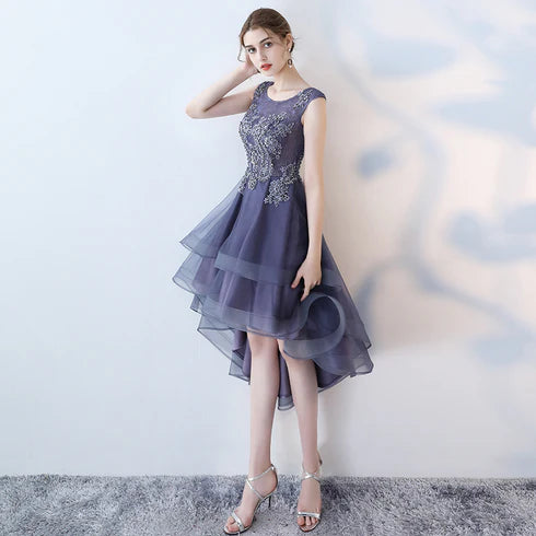 Purple Lace With Applique High Low Round Neckline Homecoming Dresses Party Dress