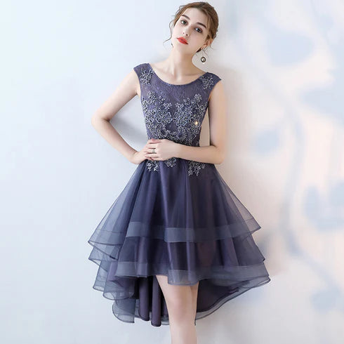 Purple Lace With Applique High Low Round Neckline Homecoming Dresses Party Dress