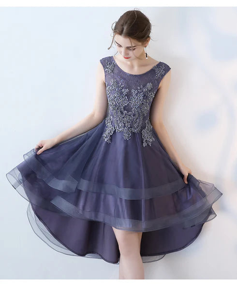 Purple Lace With Applique High Low Round Neckline Homecoming Dresses Party Dress