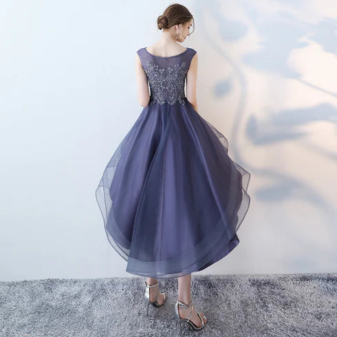 Purple Lace With Applique High Low Round Neckline Homecoming Dresses Party Dress