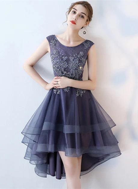 Purple Lace With Applique High Low Round Neckline Homecoming Dresses Party Dress