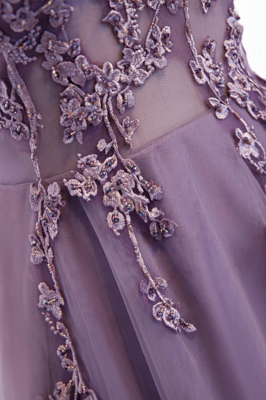 Purple Lace With Applique V-Neck A-Line Long Prom Dresses Evening Party Dresses