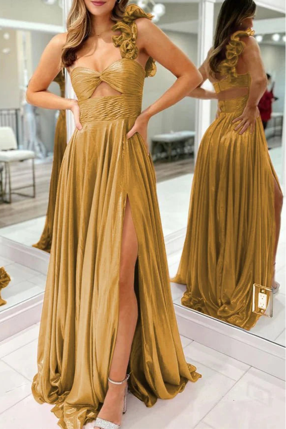 Purple Metallic A-Line One Shoulder Keyhole Pleated Evening Dress Prom Dress With Side Slit