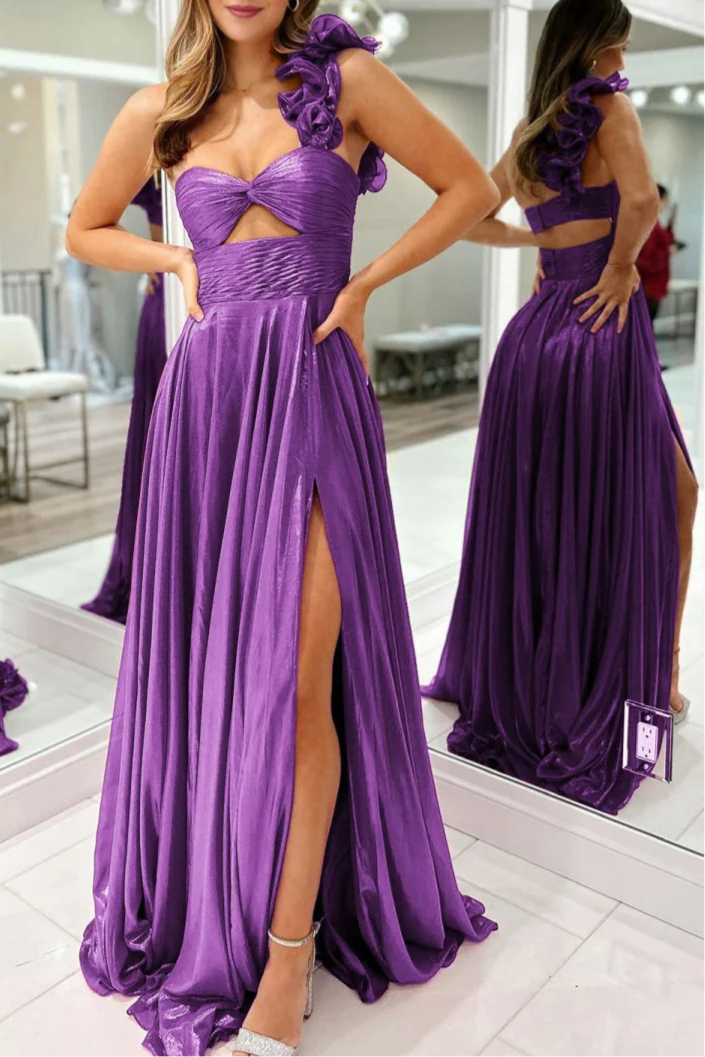 Purple Metallic A-Line One Shoulder Keyhole Pleated Evening Dress Prom Dress With Side Slit