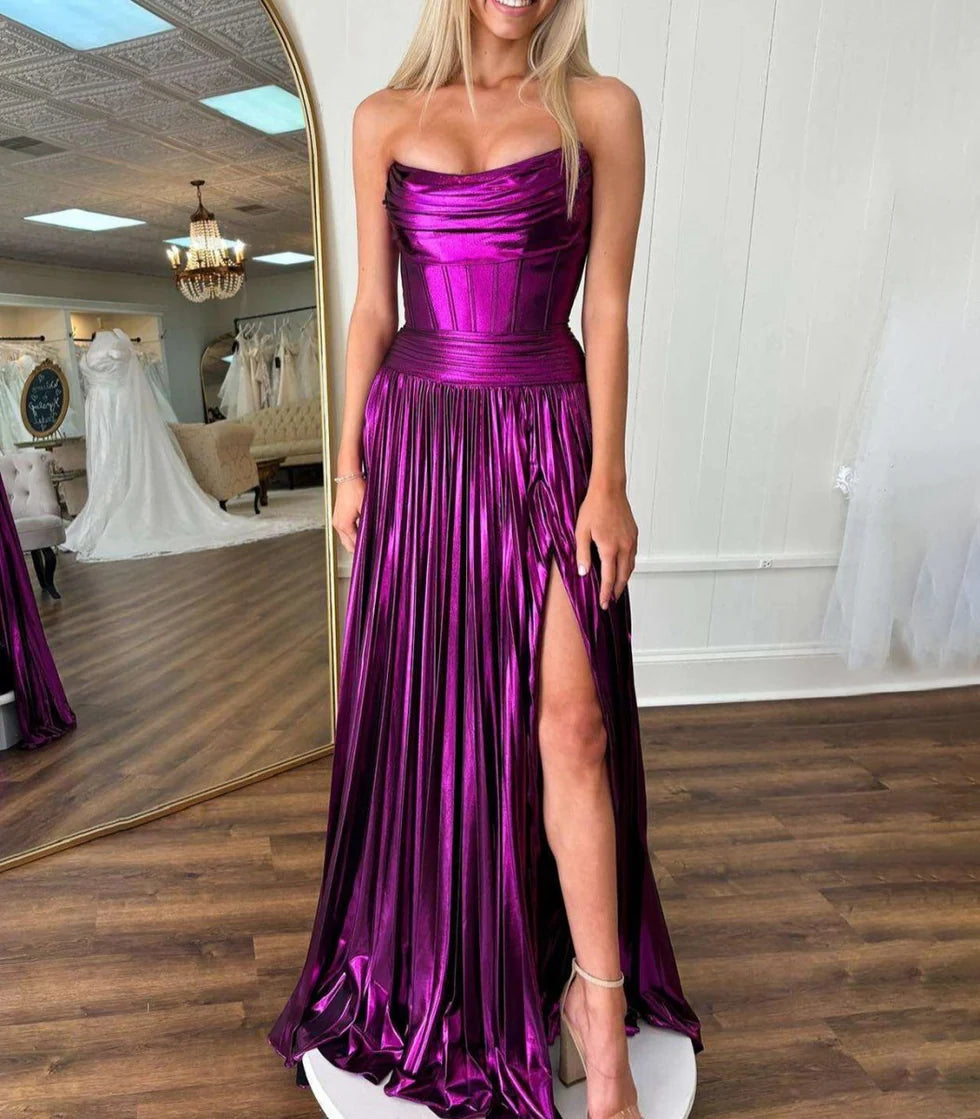 Purple Metallic A Line Strapless Pleated Long Evening Dress Purple Metallic Prom Dress With Slit