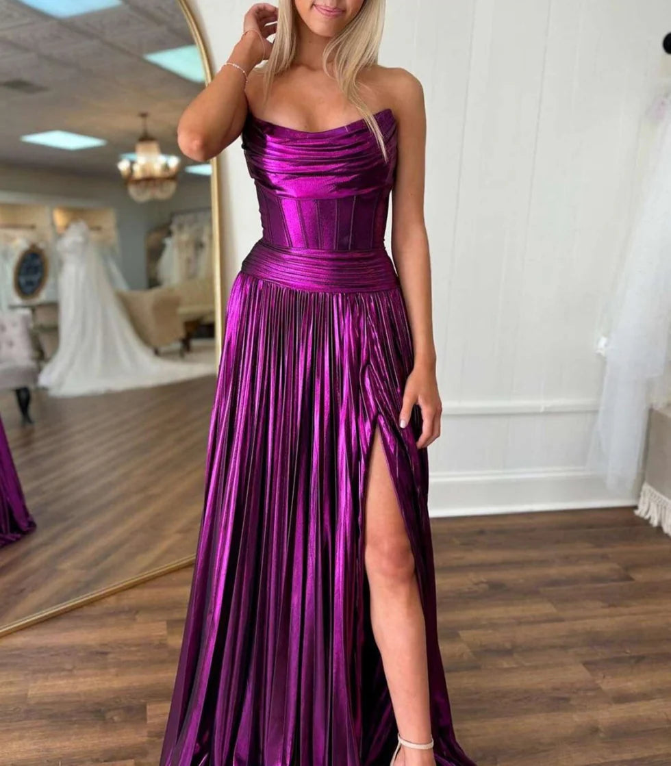 Purple Metallic A Line Strapless Pleated Long Evening Dress Purple Metallic Prom Dress With Slit