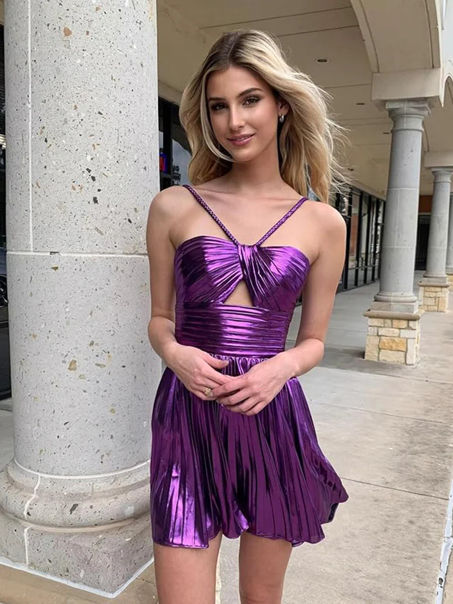 Purple Metallic Satin Pleated A Line Spaghetti Straps Keyhole Knee Length Homecoming Dresses