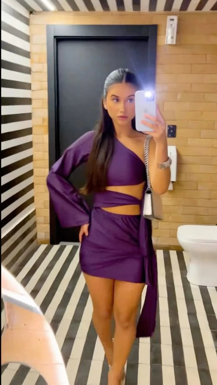 Purple One Shoulder Long Sleeves Cut Out Short Homecoming Dress Prom Dresses Short Party Dress