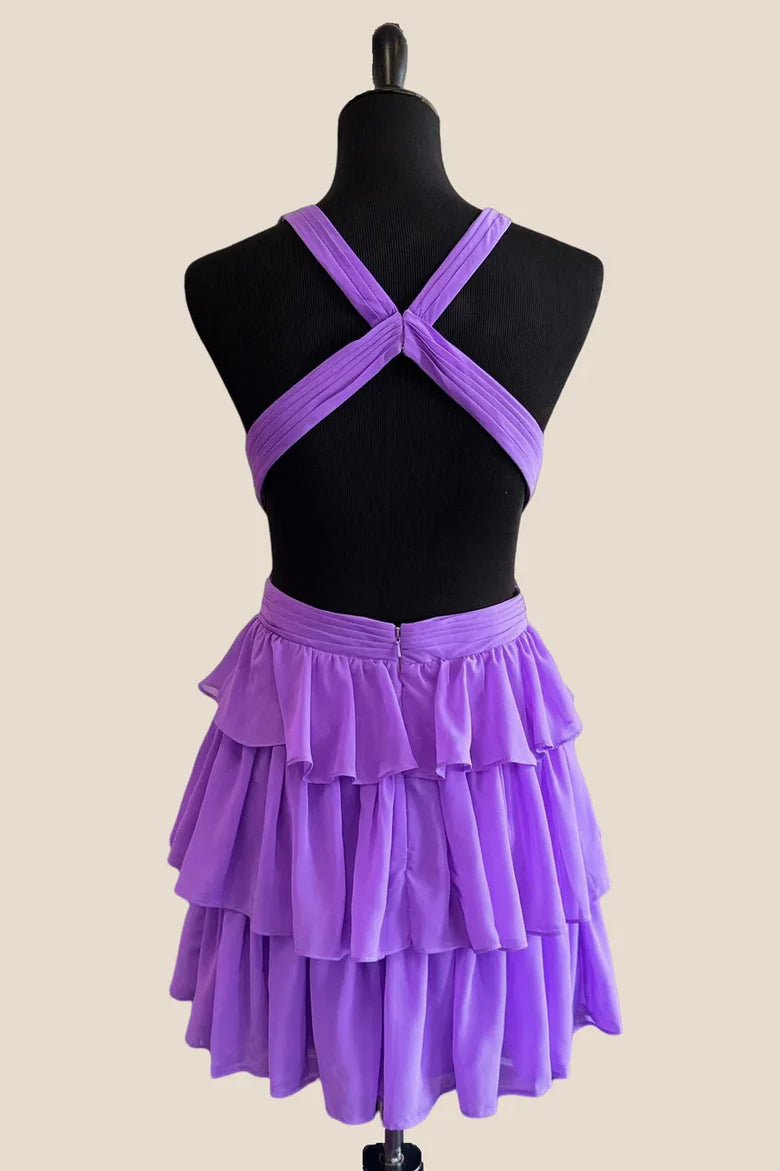 Purple Pleated Halter Deep V Neck A-Line Tiered Ruffles Backless Short Homecoming Dress