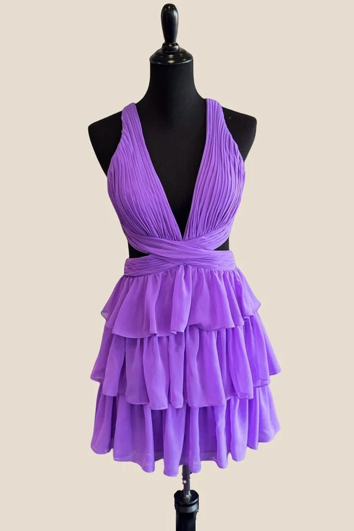 Purple Pleated Halter Deep V Neck A-Line Tiered Ruffles Backless Short Homecoming Dress