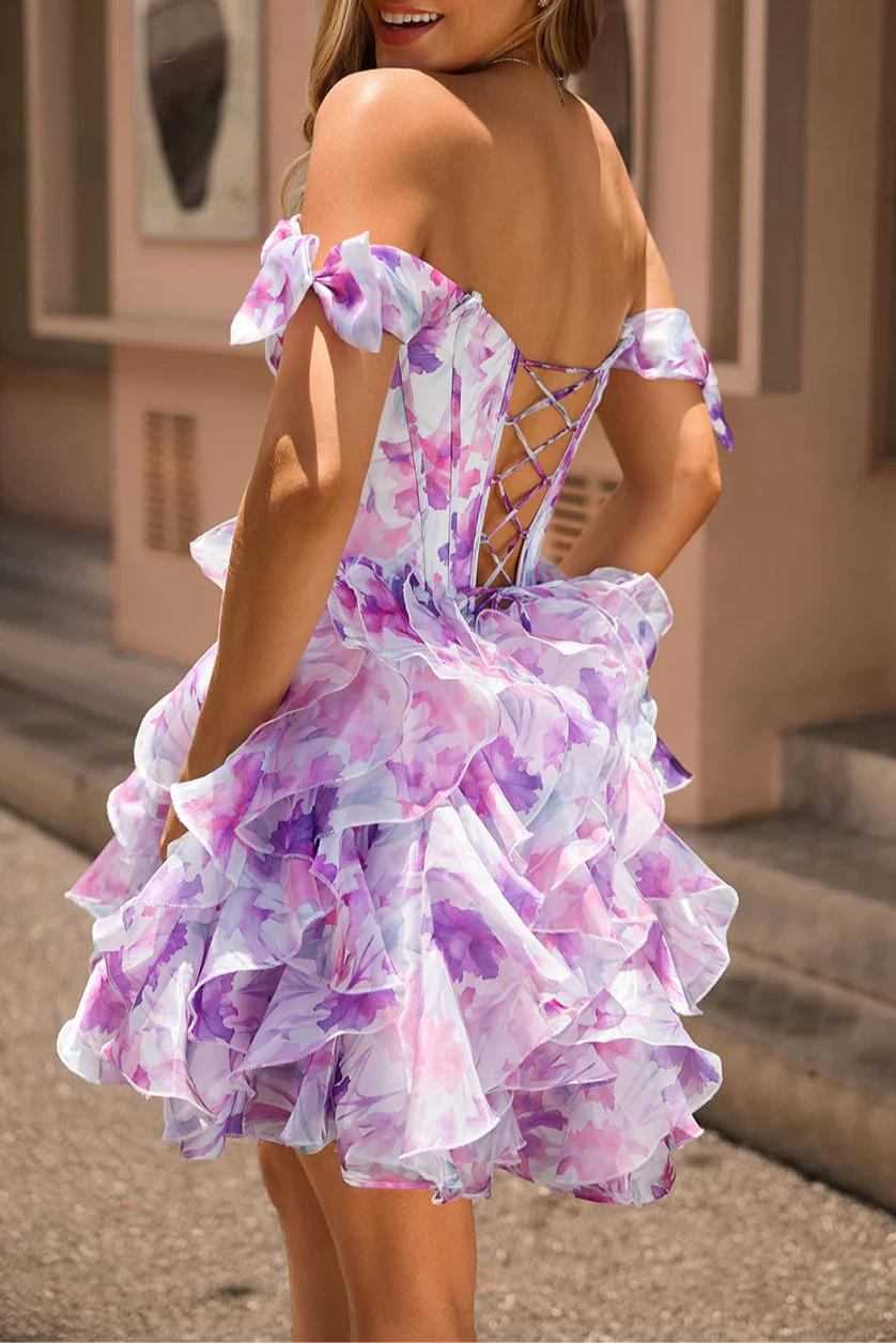 Purple Printed V Neck A Line Off The Shoulder Corset Homecoming Dress With Ruffles