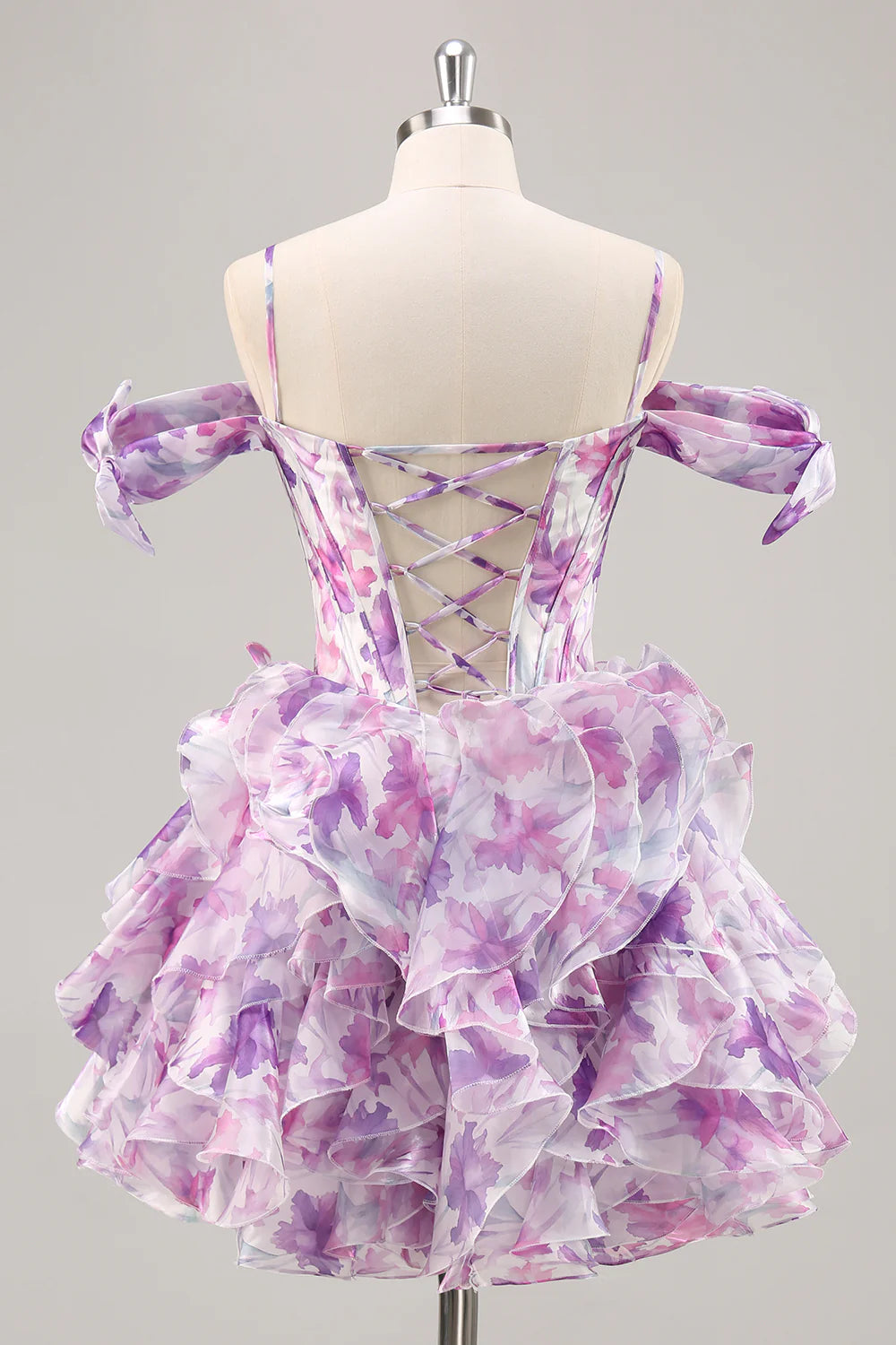 Purple Printed V Neck A Line Off The Shoulder Corset Homecoming Dress With Ruffles