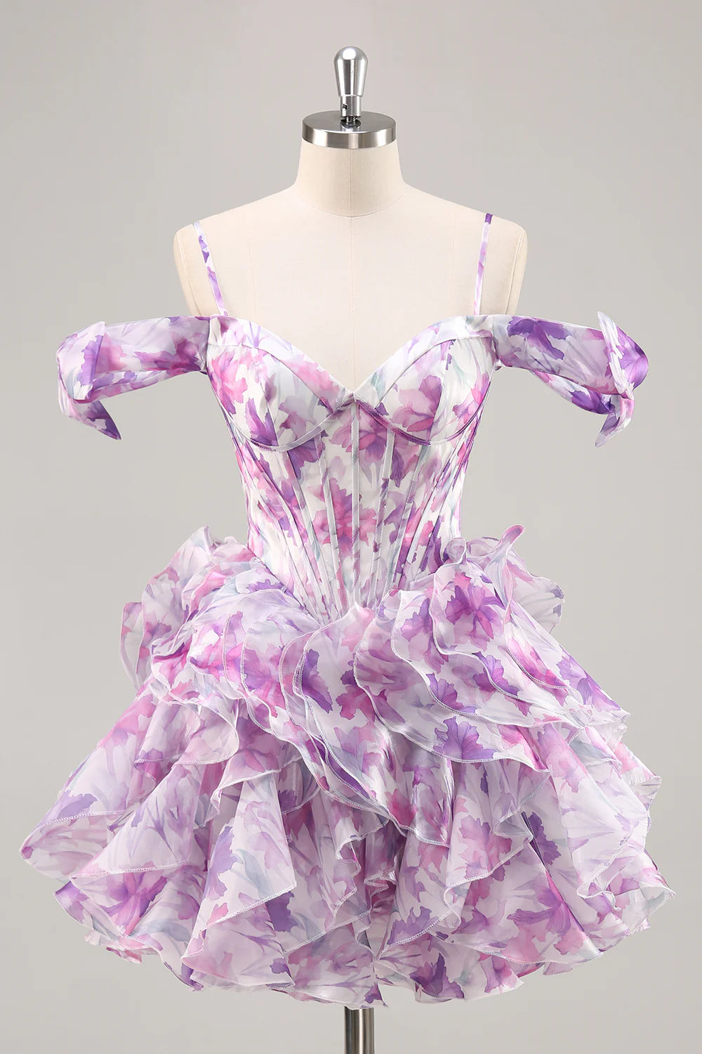 Purple Printed V Neck A Line Off The Shoulder Corset Homecoming Dress With Ruffles