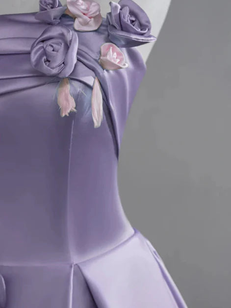 Purple Satin A-Line Flowers Floor Length Party Dress Prom Dress Evening Dress