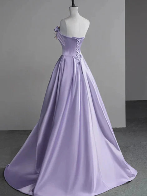 Purple Satin A-Line Flowers Floor Length Party Dress Prom Dress Evening Dress