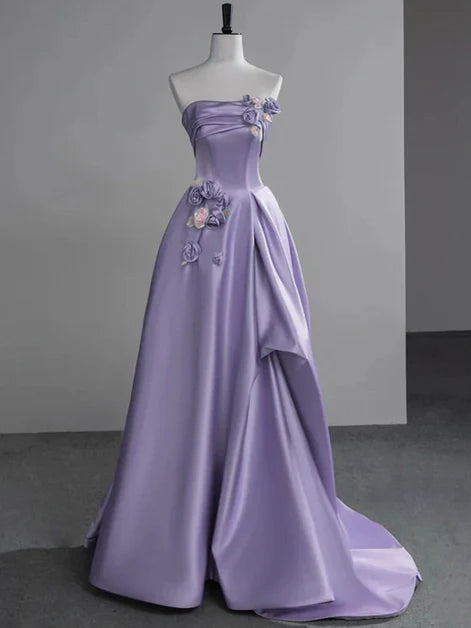 Purple Satin A-Line Flowers Floor Length Party Dress Prom Dress Evening Dress
