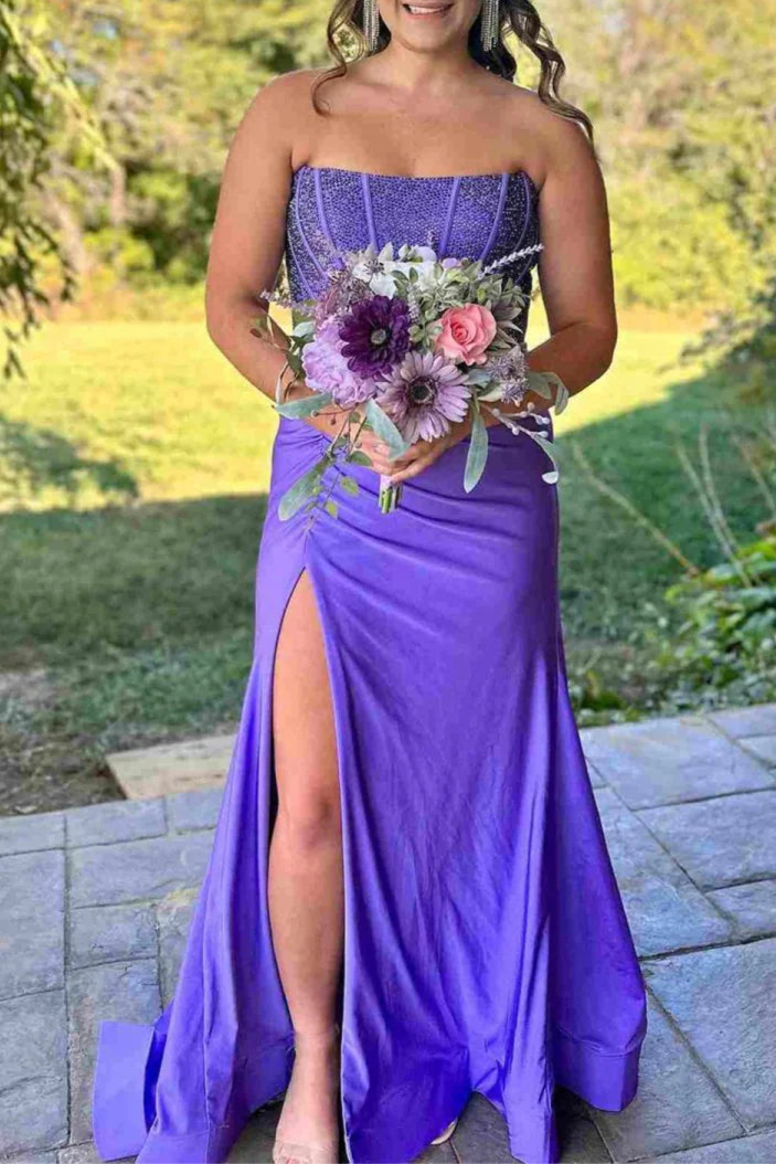 Purple Satin  Beading Mermaid Strapless Side Slit Corset Long Prom Dress Evening Dress
