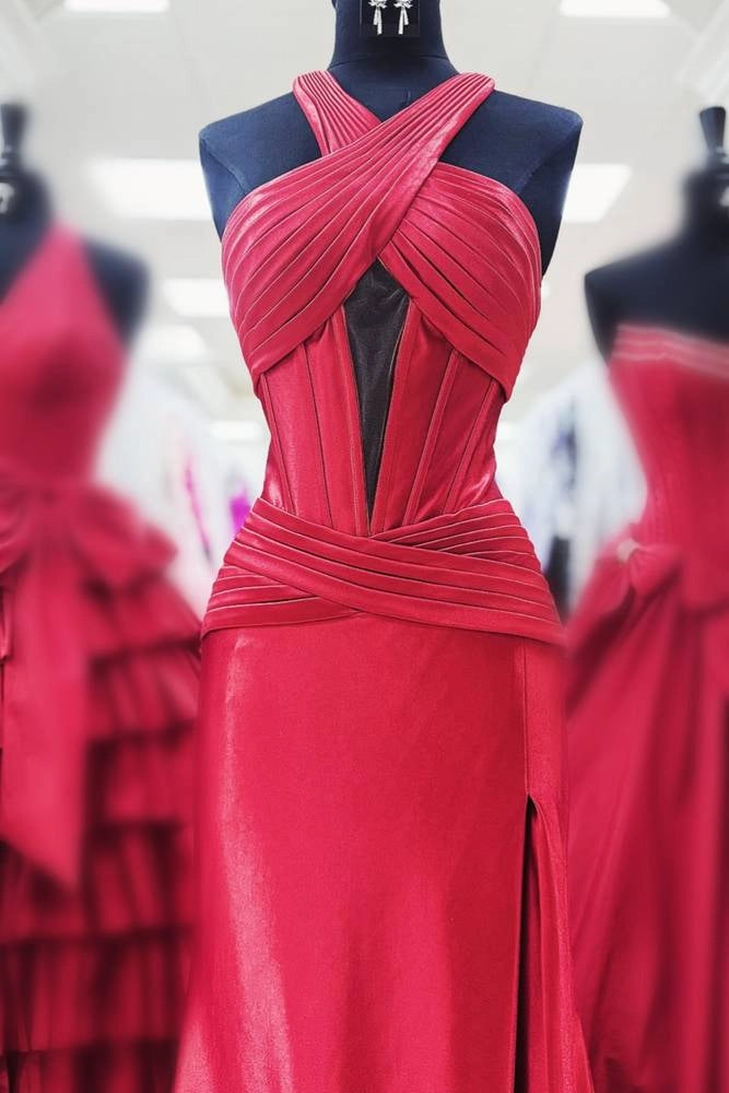 Purple Satin Halter Cutout Mermaid Slit Prom Dress With Criss Cross Neck Discount Satin Party Dresses