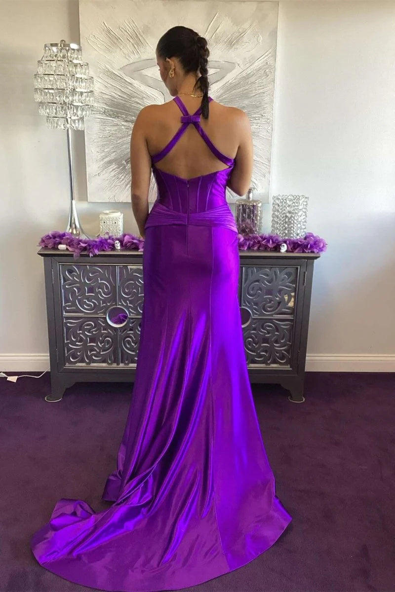 Purple Satin Halter Cutout Mermaid Slit Prom Dress With Criss Cross Neck Discount Satin Party Dresses
