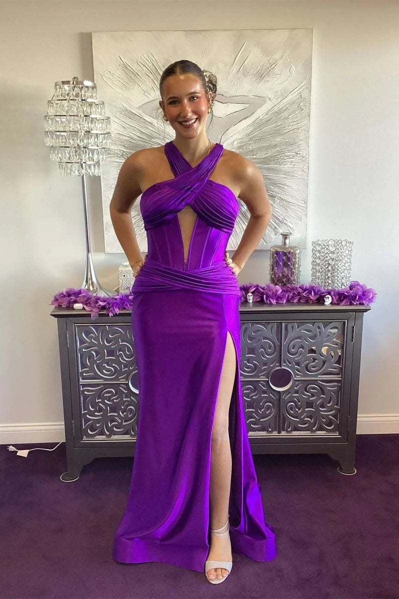 Purple Satin Halter Cutout Mermaid Slit Prom Dress With Criss Cross Neck Discount Satin Party Dresses