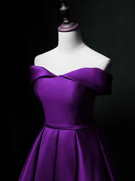 Purple Satin Off Shoulder A-line Short Homecoming Dresses Prom Dresses