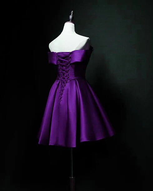 Purple Satin Off Shoulder A-line Short Homecoming Dresses Prom Dresses