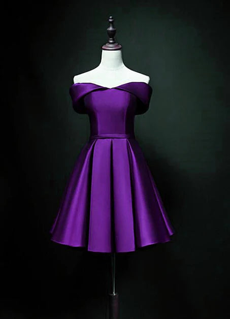 Purple Satin Off Shoulder A-line Short Homecoming Dresses Prom Dresses