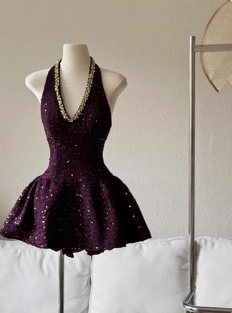 Purple Sequins Heavy Diamond Halter Neck A-line 19th Birthday Short Homecoming Dress