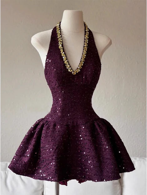Purple Sequins Heavy Diamond Halter Neck A-line 19th Birthday Short Homecoming Dress