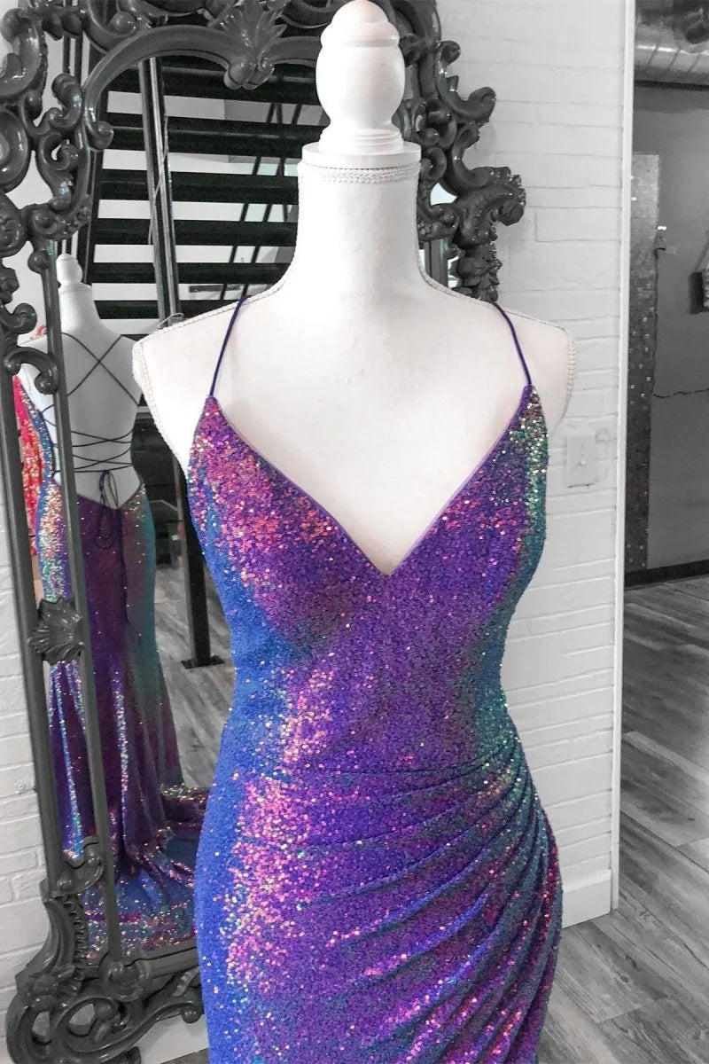 Purple Sequins V Neck Spaghetti Straps Lace-Up Mermaid Slit Long Prom Dress With Sweep Train