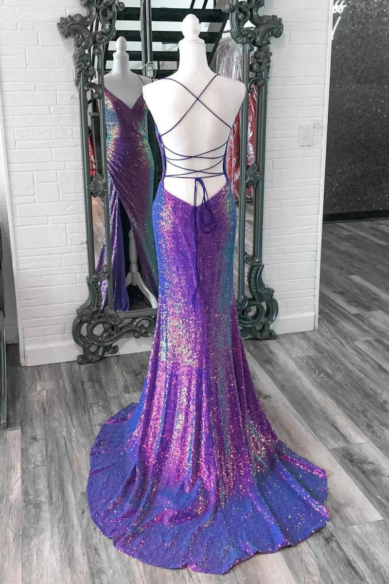 Purple Sequins V Neck Spaghetti Straps Lace-Up Mermaid Slit Long Prom Dress With Sweep Train