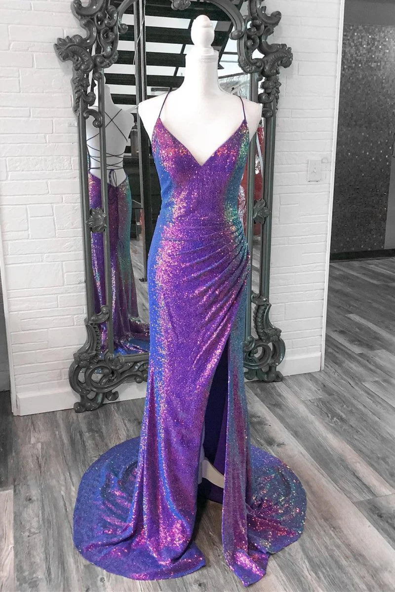 Purple Sequins V Neck Spaghetti Straps Lace-Up Mermaid Slit Long Prom Dress With Sweep Train