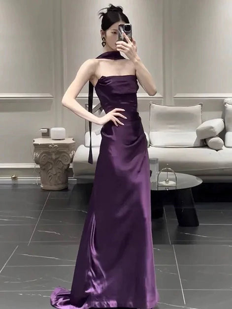 Purple Soft Satin Strapless Long Party Dress Prom Dress Evening Dress