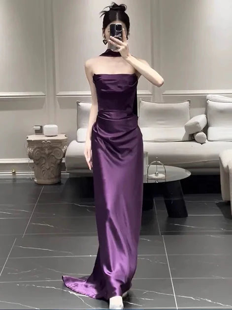 Purple Soft Satin Strapless Long Party Dress Prom Dress Evening Dress