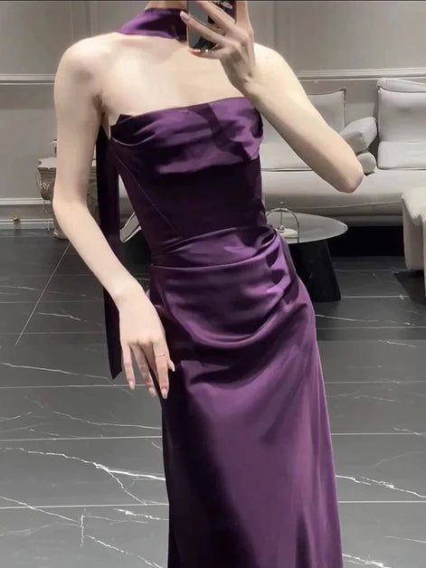 Purple Soft Satin Strapless Long Party Dress Prom Dress Evening Dress