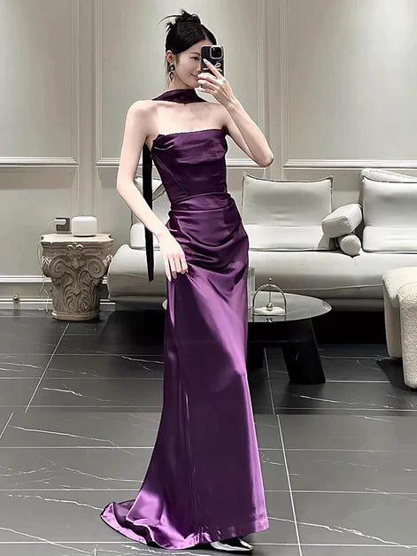 Purple Soft Satin Strapless Long Party Dress Prom Dress Evening Dress