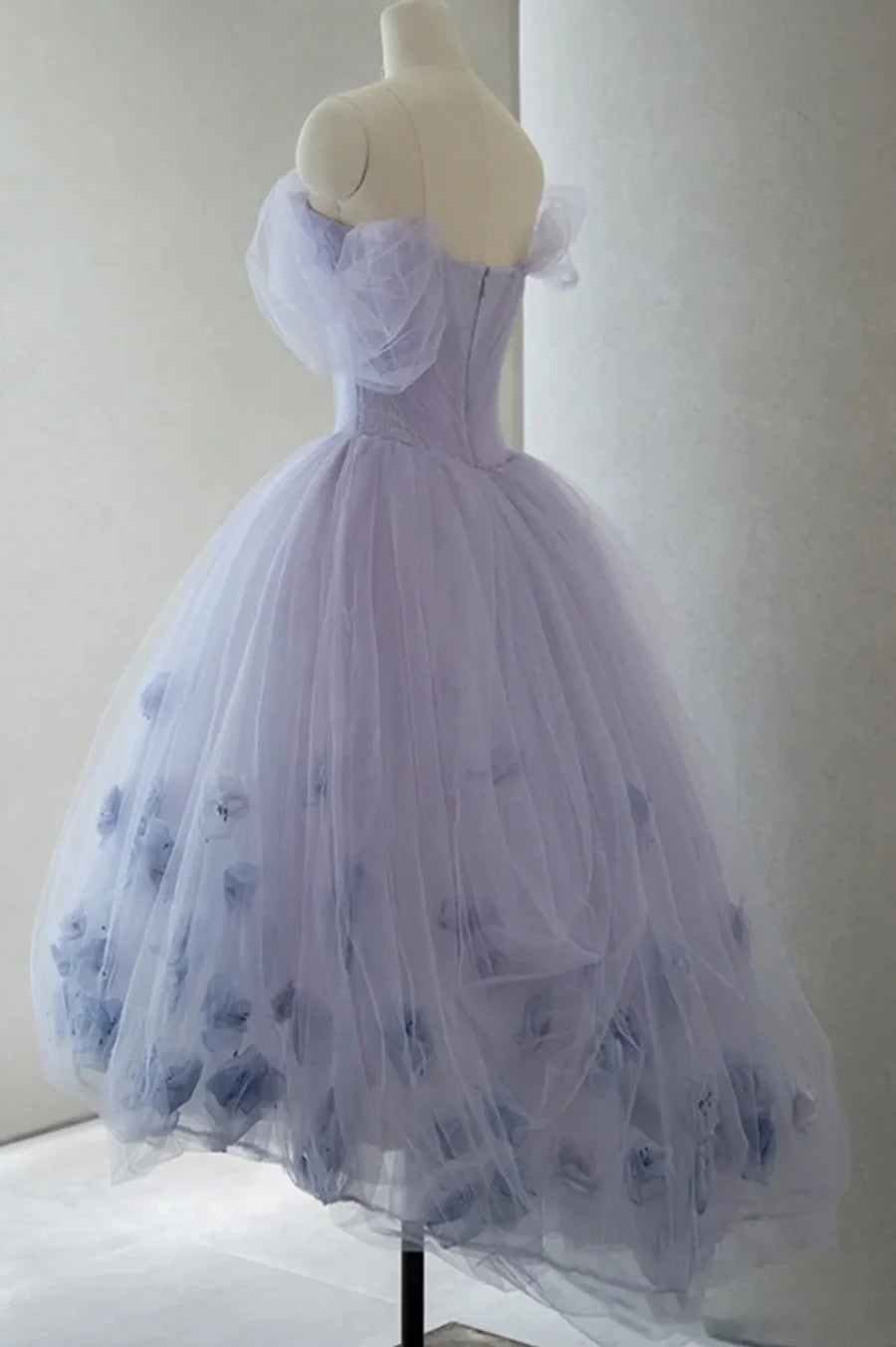 Purple Tulle Flowers A-Line Off the Shoulder Short Prom Dress Party Dress