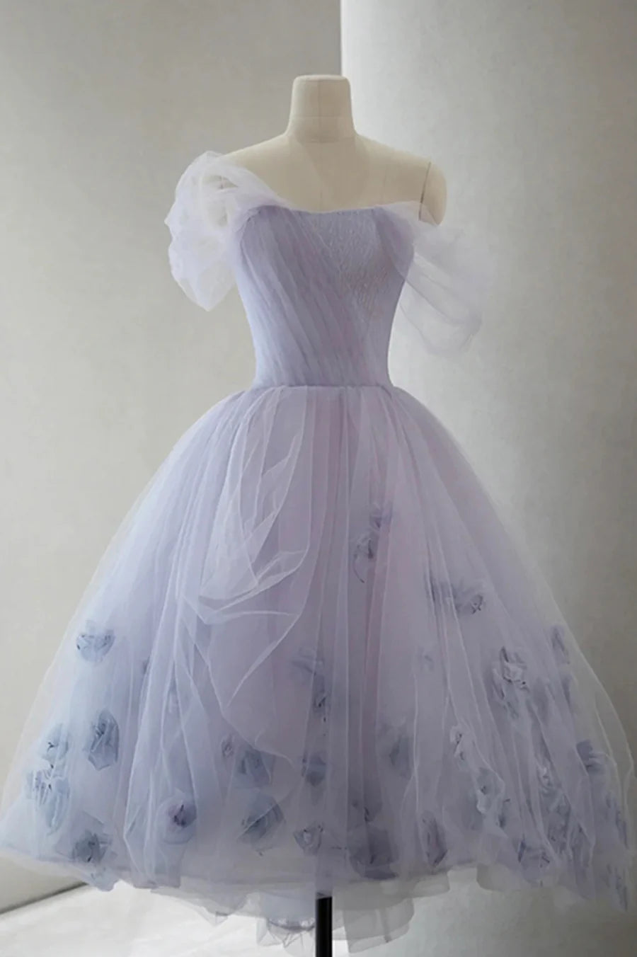 Purple Tulle Flowers A-Line Off the Shoulder Short Prom Dress Party Dress
