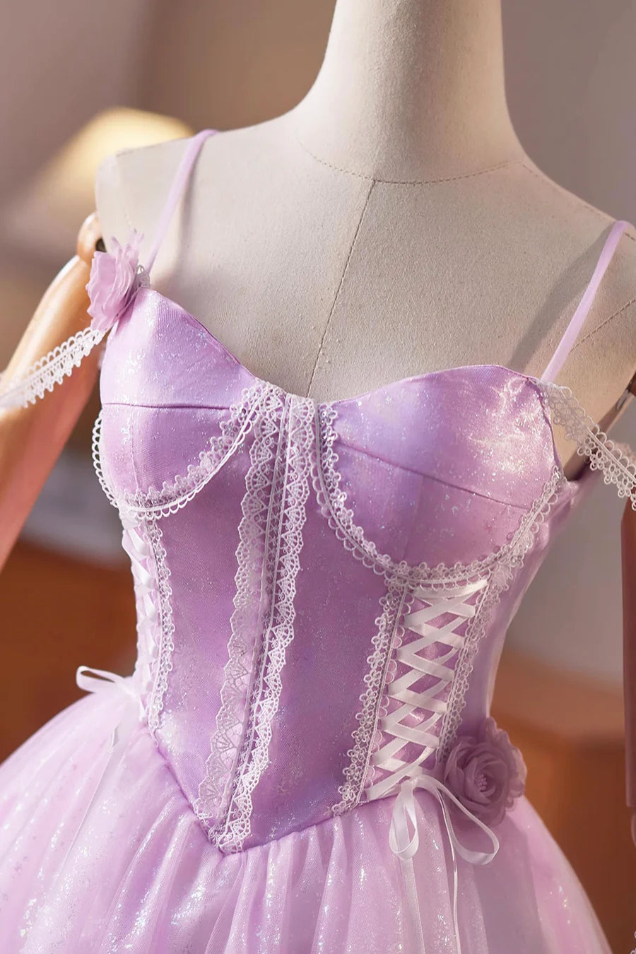 Purple Tulle Lace Spaghetti Straps Short A-Line Prom Dress A-Line Evening Dress Party Dress