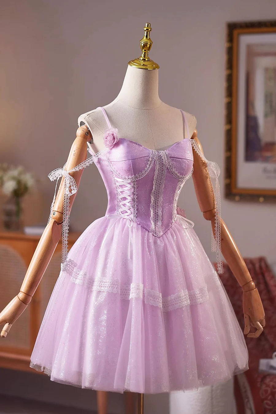 Purple Tulle Lace Spaghetti Straps Short A-Line Prom Dress A-Line Evening Dress Party Dress