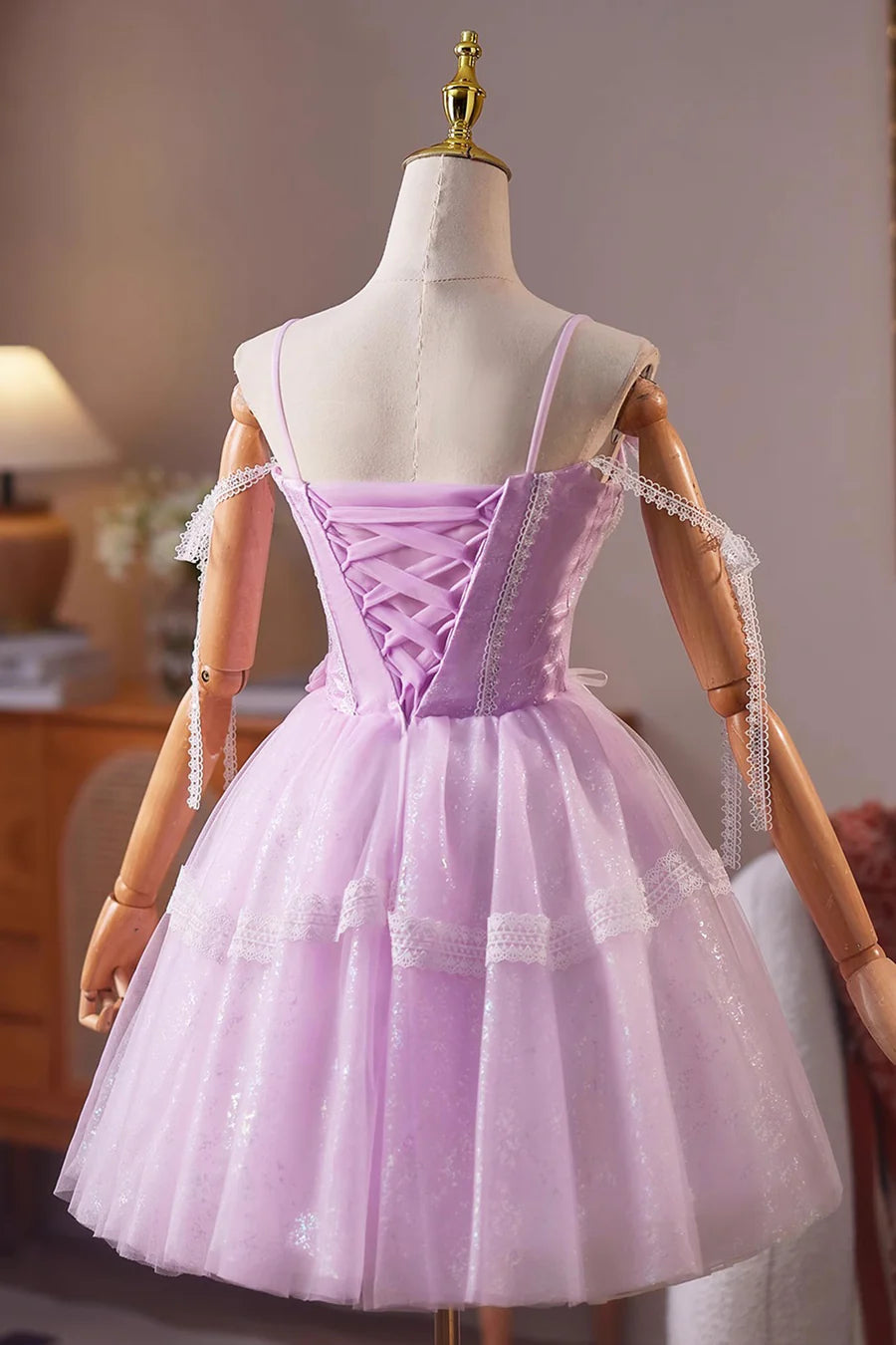 Purple Tulle Lace Spaghetti Straps Short A-Line Prom Dress A-Line Evening Dress Party Dress