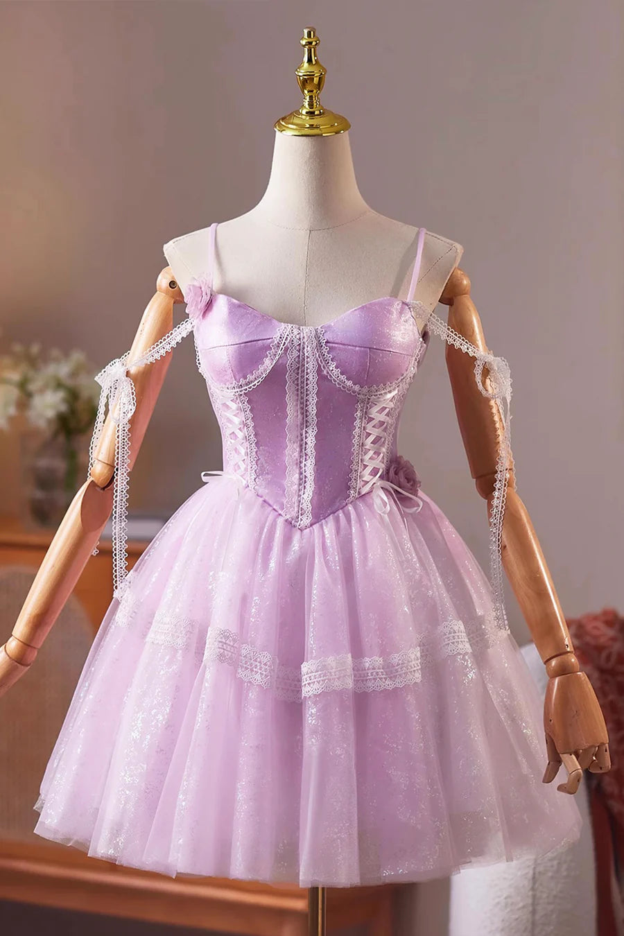 Purple Tulle Lace Spaghetti Straps Short A-Line Prom Dress A-Line Evening Dress Party Dress