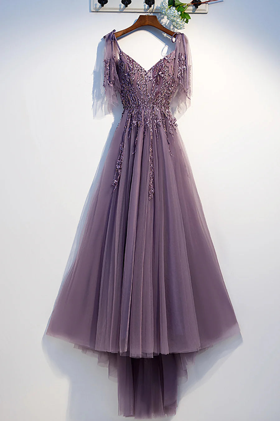 Purple Tulle Lace With Drag A-Line Long Evening Party Dresses Prom Dresses