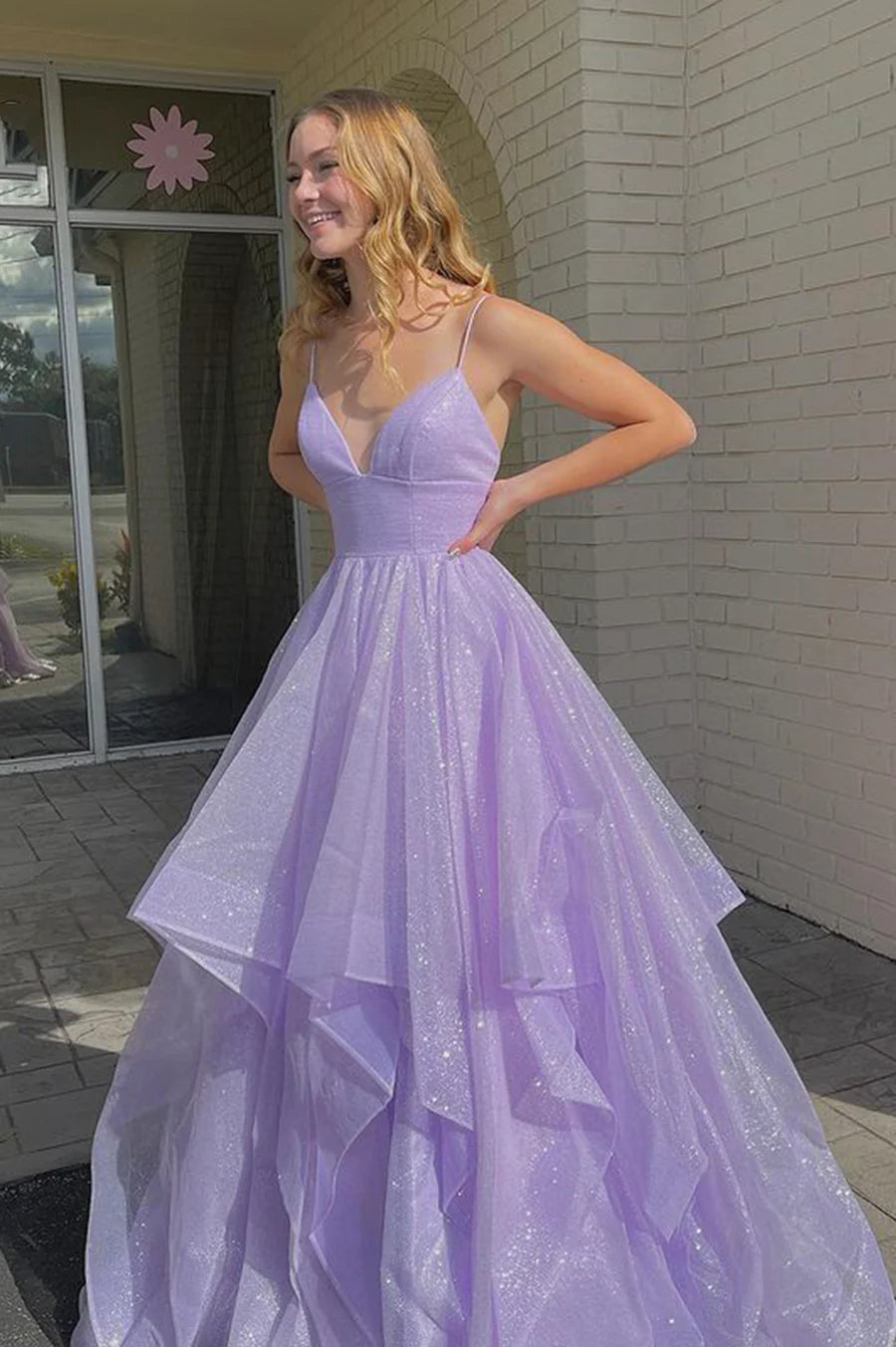 Purple Tulle Sequins V-Neck A-Line Long Prom Dresses Party Evening Dresses