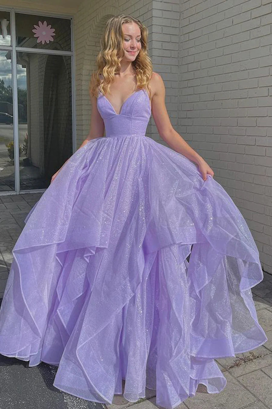 Purple Tulle Sequins V-Neck A-Line Long Prom Dresses Party Evening Dresses